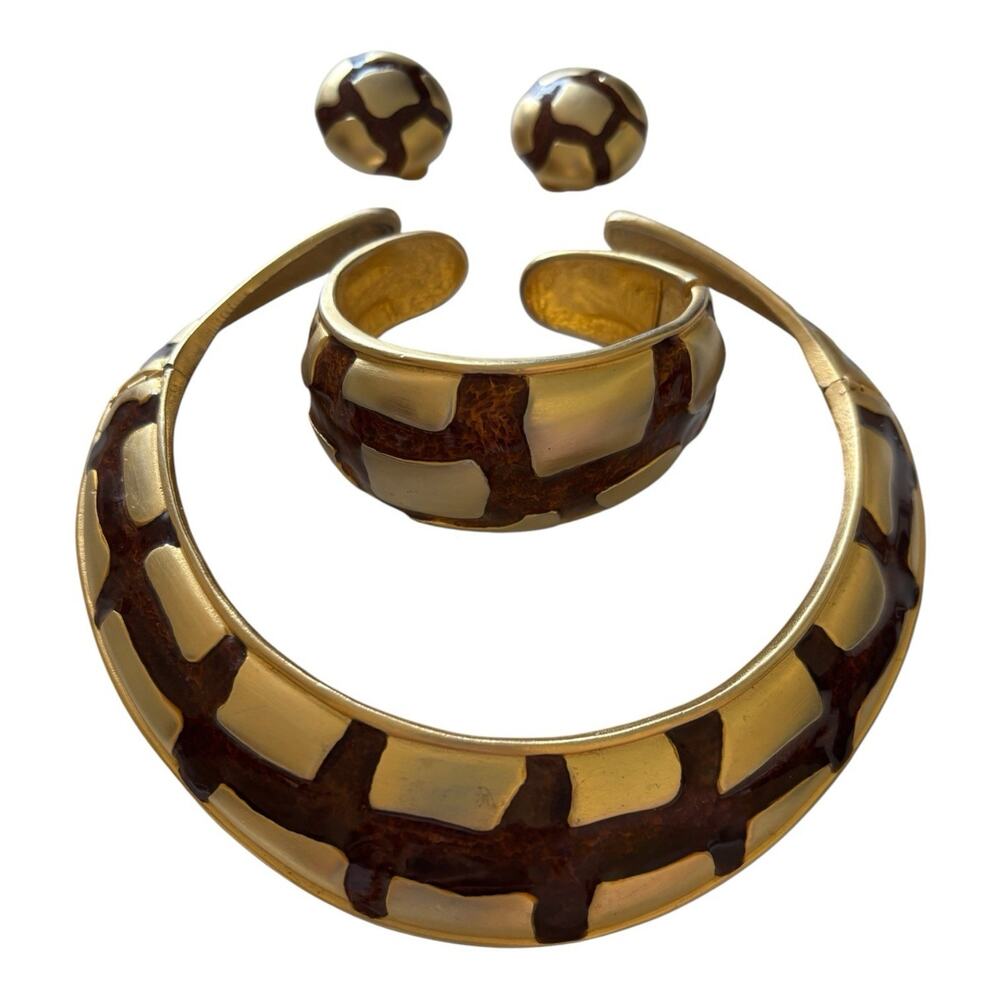 Giraffe Pattern gold-plated and enamel choker, cuff, and clip earring set 80s - Picture 2 of 6